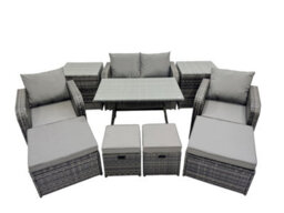 Fimous 8 Seater Garden Outdoor Rattan Furniture Set Rattan Sofa Oblong Dining Table With 2 Big Stools 2 Side Table Dark Grey - thumbnail 2
