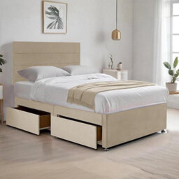 Cream Plush 4Ft Small Double Bed With 20 Inch Headboard With Mattress And 2Drawers - thumbnail 1
