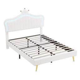 Abrihome 4Ft6 Double Upholstered Bed With Led Headboard, Pu Leather Frame & Wood Slats, No Box Spring Needed, Cream White - thumbnail 7