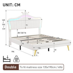 Abrihome 4Ft6 Double Upholstered Bed With Led Headboard, Pu Leather Frame & Wood Slats, No Box Spring Needed, Cream White - thumbnail 3