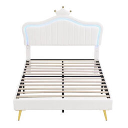 Abrihome 4Ft6 Double Upholstered Bed With Led Headboard, Pu Leather Frame & Wood Slats, No Box Spring Needed, Cream White - thumbnail 8