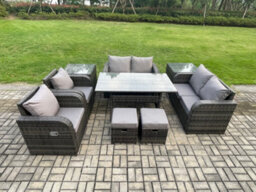 Fimous Outdoor Rattan Garden Furniture 9 Piece Grey Patio Furniture Set 8 Seater Lounge Sofa Set With Reclining Chairs - thumbnail 1
