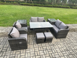 Fimous Outdoor Rattan Garden Furniture 9 Piece Grey Patio Furniture Set 8 Seater Lounge Sofa Set With Reclining Chairs - thumbnail 2