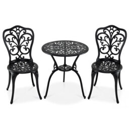 Costway 3-Piece Patio Bistro Set, All Weather Cast Aluminum Table And Chairs With Umbrella Hole - thumbnail 2