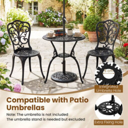 Costway 3-Piece Patio Bistro Set, All Weather Cast Aluminum Table And Chairs With Umbrella Hole - thumbnail 7