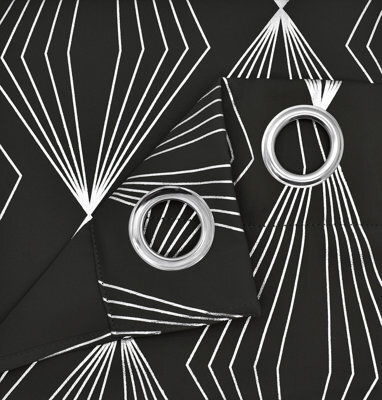 Velosso Thermal Blackout Foil Print Curtains In Variety Sizes, Ring Top Style, Durable & Lightweight For Bedroom Or Living Room - Black