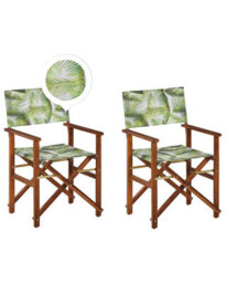 Beliani Garden Director Chair Set Of 2 - Dark Acacia Wood, Off-White And Leaves Covers - Folding Outdoor Chairs - thumbnail 3