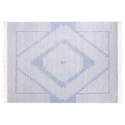 Wyld and Coco Runes Tribal Geometric Rug 140 X 200 Cm Off-White With Blue Accents And Tassels - image 1