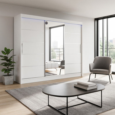 Aston Vi Sliding Door Wardrobe With Mirror Hanging Rails Shelves White With Led Lights - image 1