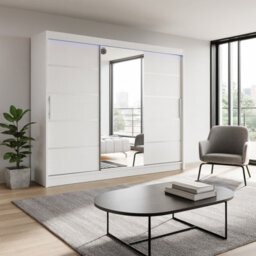 Aston Vi Sliding Door Wardrobe With Mirror Hanging Rails Shelves White With Led Lights - thumbnail 1
