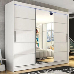 Aston Vi Sliding Door Wardrobe With Mirror Hanging Rails Shelves White With Led Lights - thumbnail 2