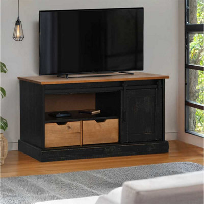 Berkfield Tv Cabinet Halden With Sliding Door Black 110X40X60 Cm Solid Wood - image 1