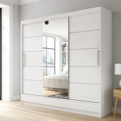 Aston Vi Sliding Door Wardrobe With Mirror Hanging Rails Shelves White Without Led Lights - image 1