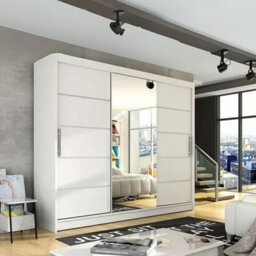 Aston Vi Sliding Door Wardrobe With Mirror Hanging Rails Shelves White Without Led Lights - thumbnail 2