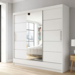 Aston Vi Sliding Door Wardrobe With Mirror Hanging Rails Shelves White Without Led Lights - thumbnail 1