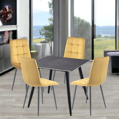 Urbn-Living Urbnliving 5Pcs Armani Grey Modern Ceramic Top Dining Table & Yellow Velvet Chairs With Metal Legs - image 1