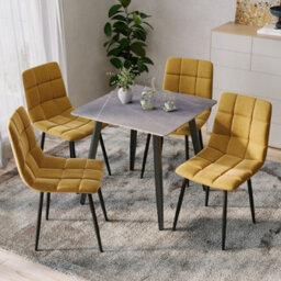Urbn-Living Urbnliving 5Pcs Armani Grey Modern Ceramic Top Dining Table & Yellow Velvet Chairs With Metal Legs - thumbnail 2