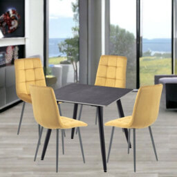 Urbn-Living Urbnliving 5Pcs Armani Grey Modern Ceramic Top Dining Table & Yellow Velvet Chairs With Metal Legs