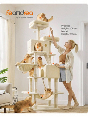 LEDREM 206 Cm Cat Tree, Large Cat Tower With 13 Cat Scratching Posts, 2 Perches, 2 Caves, Hanging Basket & Hammock, Pompoms - image 1