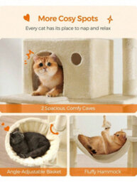 LEDREM 206 Cm Cat Tree, Large Cat Tower With 13 Cat Scratching Posts, 2 Perches, 2 Caves, Hanging Basket & Hammock, Pompoms - thumbnail 3