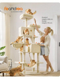 LEDREM 206 Cm Cat Tree, Large Cat Tower With 13 Cat Scratching Posts, 2 Perches, 2 Caves, Hanging Basket & Hammock, Pompoms - thumbnail 1