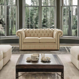 Chesterfield 2 Seater Shelly Dark Beige Leather Sofa Settee Bespoke In Classic Style - thumbnail 2