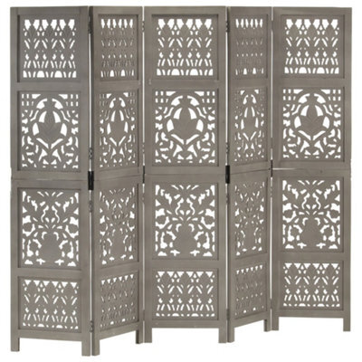 Vidaxl Hand Carved 5-Panel Room Divider Grey 200X165 Cm Solid Mango Wood Room Dividers - image 1