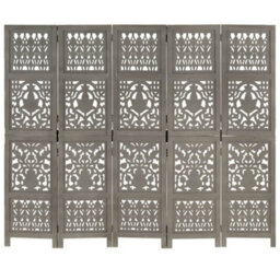 Vidaxl Hand Carved 5-Panel Room Divider Grey 200X165 Cm Solid Mango Wood Room Dividers - thumbnail 5