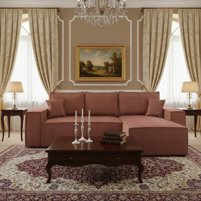 Malaga L Shaped Mdf Corner Sofa Bed Has Storage Dl Pull Out Seat Loose Back Cushions 279X94X181 Pink Corduroy Right - image 1