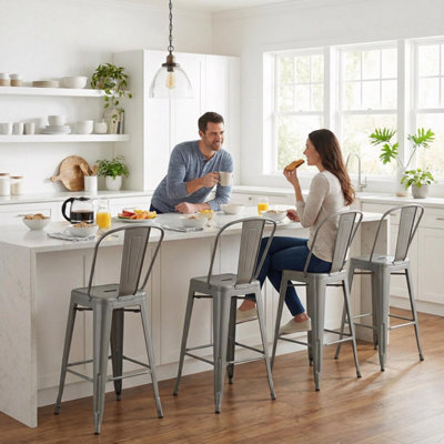 "Fwstyle Bistro Metal Bar Chairs Stools Set Of 4 30"" Silver Gloss Galvanised Steel Indoor & Outdoor" - image 1
