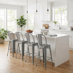 "Fwstyle Bistro Metal Bar Chairs Stools Set Of 4 30"" Silver Gloss Galvanised Steel Indoor & Outdoor" - thumbnail 2