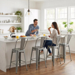 "Fwstyle Bistro Metal Bar Chairs Stools Set Of 4 30"" Silver Gloss Galvanised Steel Indoor & Outdoor"