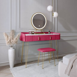CARME Home Tokyo Glow Raspberry Velvet Dressing Table With Led Touch Sensor Mirror