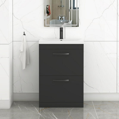 Royal Bathrooms Turin 600mm Floor Standing Vanity Unit Matt Black 2 Drawer Mid-Edge Basin With Matt Black Handles - image 1