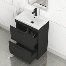 Royal Bathrooms Turin 600mm Floor Standing Vanity Unit Matt Black 2 Drawer Mid-Edge Basin With Matt Black Handles - thumbnail 5