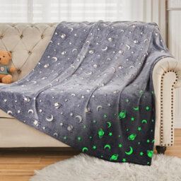 Glow In The Dark Flannel Throw Blanket Soft Plush Fleece With Moon & Stars Cozy, Warm & Luminous Gift For Kids & Adults (Grey) - thumbnail 2