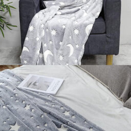 Glow In The Dark Flannel Throw Blanket Soft Plush Fleece With Moon & Stars Cozy, Warm & Luminous Gift For Kids & Adults (Grey) - thumbnail 4