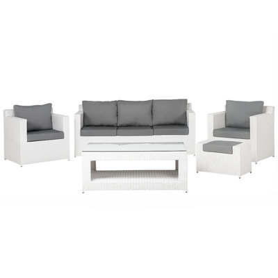 Beliani Garden Lounge Set With Table And Ottoman 6 Seater Roma Pe Rattan White - image 1