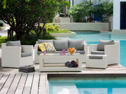 Beliani Garden Lounge Set With Table And Ottoman 6 Seater Roma Pe Rattan White - thumbnail 2