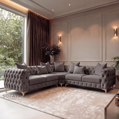 Sofaya Monaco 5 Seater Grey Chesterfield Corner Chaise Sofa Velvet L Shaped - Deep Buttoned Upholstery Couch - image 1