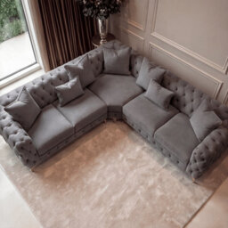 Sofaya Monaco 5 Seater Grey Chesterfield Corner Chaise Sofa Velvet L Shaped - Deep Buttoned Upholstery Couch - thumbnail 4