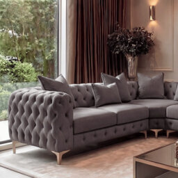 Sofaya Monaco 5 Seater Grey Chesterfield Corner Chaise Sofa Velvet L Shaped - Deep Buttoned Upholstery Couch - thumbnail 6