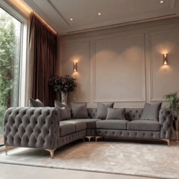 Sofaya Monaco 5 Seater Grey Chesterfield Corner Chaise Sofa Velvet L Shaped - Deep Buttoned Upholstery Couch - thumbnail 3