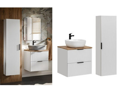 Impact Furniture Bathroom Cabinets 600mm Vanity Unit With Sink Oak Effect Worktop Tallboy Wall Storage White Ribbed Fluted Furniture Set Adel - image 1