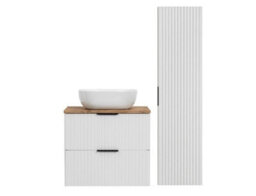 Impact Furniture Bathroom Cabinets 600mm Vanity Unit With Sink Oak Effect Worktop Tallboy Wall Storage White Ribbed Fluted Furniture Set Adel - thumbnail 2