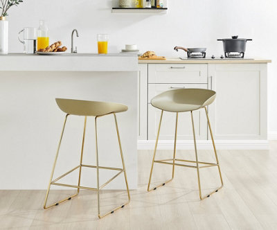 Furniturebox Set Of 2 Harper Taupe Scandinavian Inspired Molded Plastic Counter Stools With Gold Metal Legs - image 1