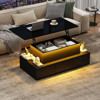 Abrihome Black Liftable Coffee Table With 4 Drawers, Led Lighting & Hidden Storage, Sofa Table, Coffee Table, Living Room Table, Mdf - image 1