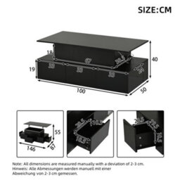 Abrihome Black Liftable Coffee Table With 4 Drawers, Led Lighting & Hidden Storage, Sofa Table, Coffee Table, Living Room Table, Mdf - thumbnail 5