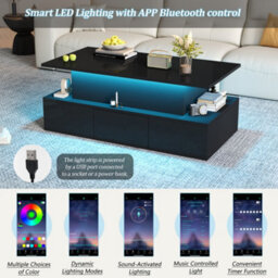 Abrihome Black Liftable Coffee Table With 4 Drawers, Led Lighting & Hidden Storage, Sofa Table, Coffee Table, Living Room Table, Mdf - thumbnail 4