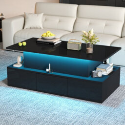 Abrihome Black Liftable Coffee Table With 4 Drawers, Led Lighting & Hidden Storage, Sofa Table, Coffee Table, Living Room Table, Mdf - thumbnail 9